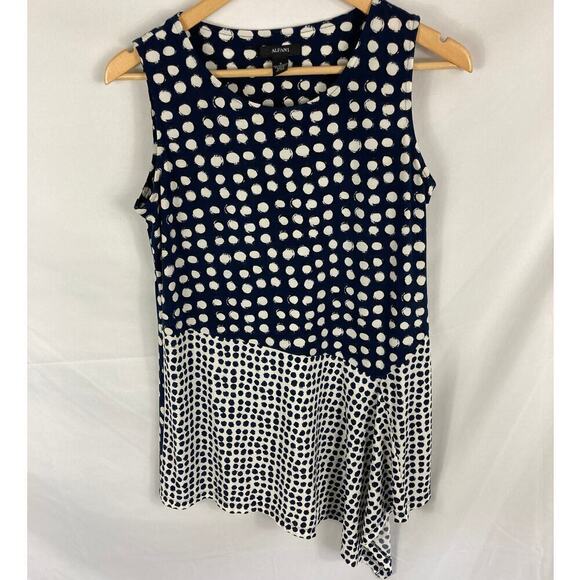 Alfani Asymmetrical Hem Mixed Print Tunic Top Blue Polka Dot Size Small - Picture 2 of 6